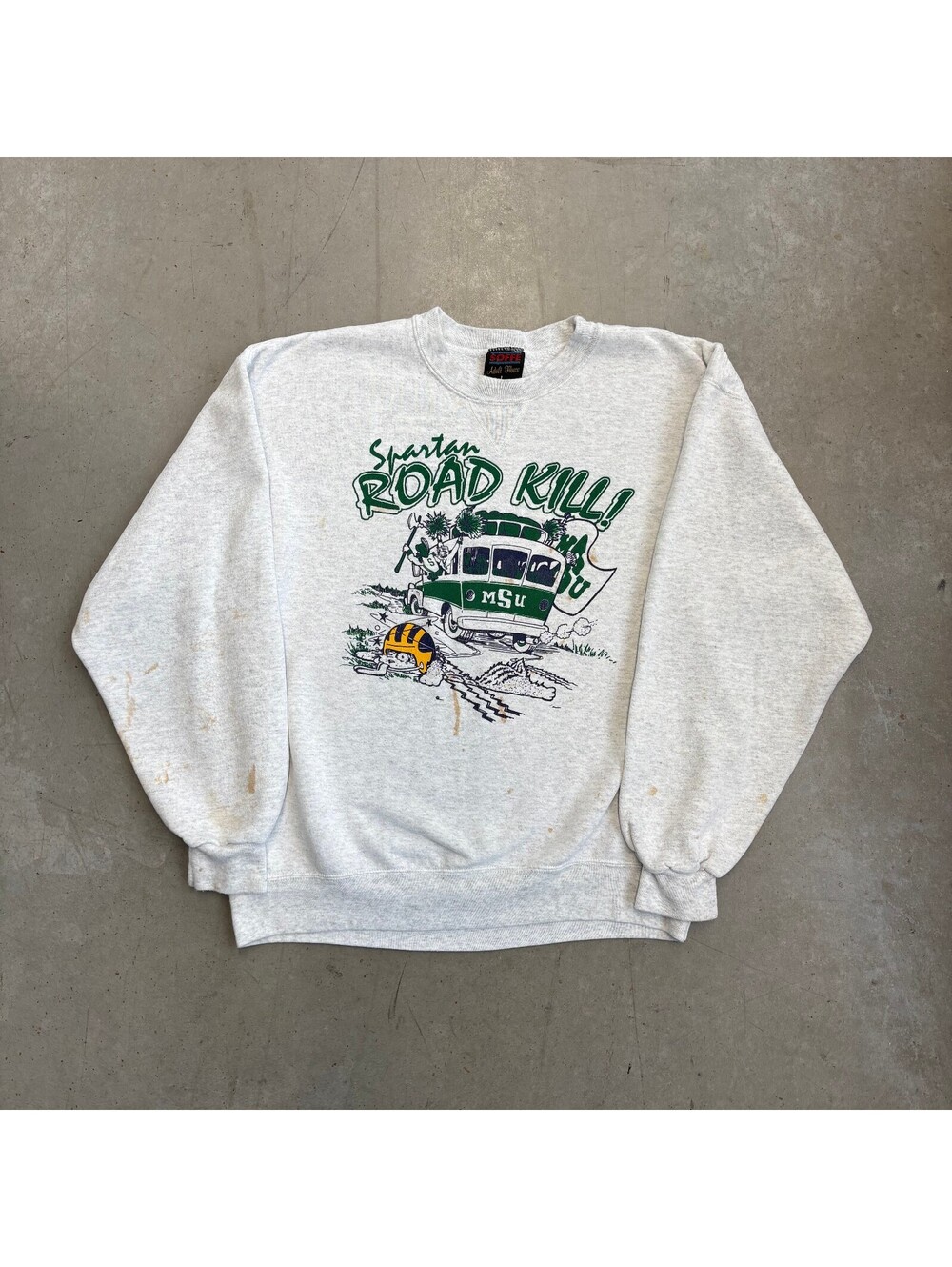 Vintage 90s MSU Spartans "Road Kill" Cartoon Flawed Sweatshirt Large Gray